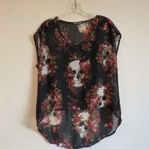 Hot Topic Skull & Roses High-Low Sheer Womens Sleeveless Top SZ small